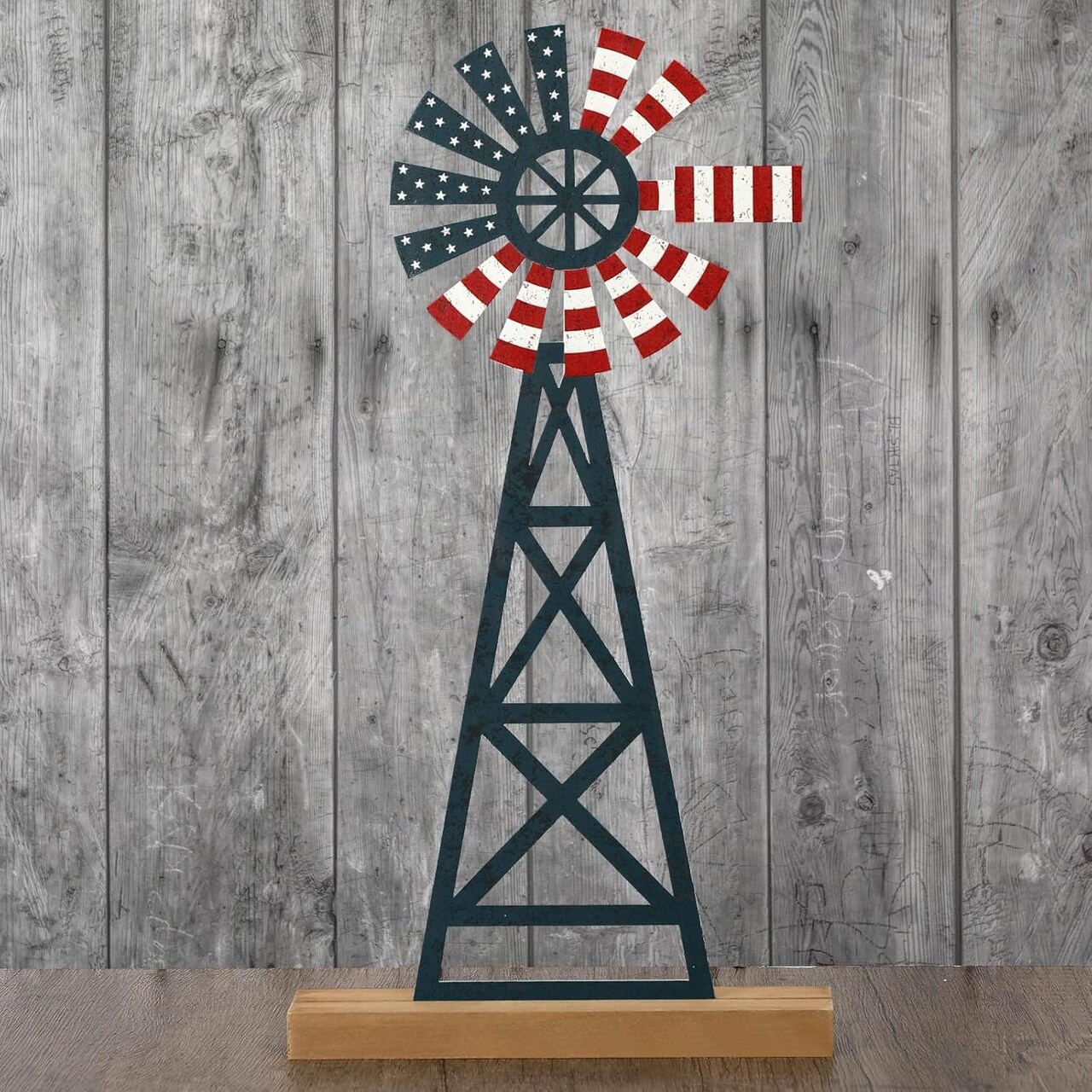 Patriotic Farmhouse Windmill Table Top 11.8 Inch Metal Rusted 4th of July